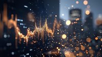 Glowing financial chart with golden bokeh lights on dark background shows market trends and analysis data visualization for investment concept.