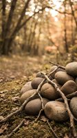 Pile of smooth river stones with dried twigs on forest floor during golden autumn light with blurred woodland background for natural meditation concepts.