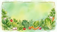 Fresh organic vegetables and herbs arranged on watercolor background with green and yellow tones. Isolated design element suitable for food packaging, recipe cards, restaurant menus, and culinary branding projects.