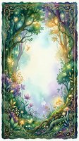 Enchanted forest frame with magical trees, flowers and golden ornate border creating mystical woodland portal for fairy tale designs and fantasy art.
