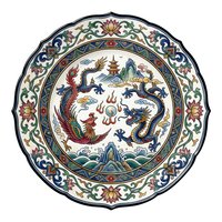 Ornate circular plate featuring traditional dragon and phoenix motifs in vibrant colors with intricate floral border design, isolated on white background for decorative art and design projects.