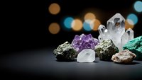 Collection of healing crystals and gemstones including amethyst, quartz and malachite arranged on dark surface with bokeh lights for meditation and wellness.