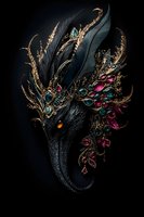 Mystical black dragon head adorned with ornate golden filigree, emerald and ruby crystals, and dark feathers against black background, fantasy art style.