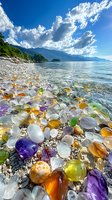 Colorful sea glass and stones scattered on pebble beach shoreline with dramatic mountain landscape and fluffy clouds reflecting in calm water on sunny day.