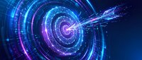 Futuristic digital spiral with glowing neon circles and light streaks in blue and purple colors for technology and sci-fi design projects.