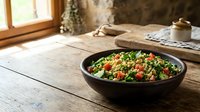 Fresh quinoa tabbouleh salad with herbs, tomatoes and vegetables in black bowl on rustic wooden table near window for healthy Mediterranean cuisine.