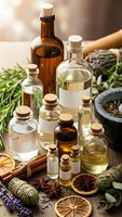 Natural essential oils in glass bottles with herbs and spices for aromatherapy, wellness and holistic healing on wooden background.