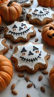 Halloween scarecrow face cookies with white icing and decorative pumpkins scattered on marble surface for autumn baking and seasonal treats celebration.