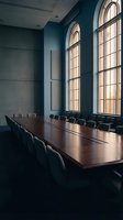 Modern conference room with long wooden table, black chairs, and tall arched windows flooding natural light into teal walls, suitable for corporate meetings and business presentations.