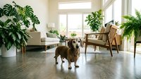 Adorable golden retriever dog sitting in bright modern living room with lush green houseplants, natural light streaming through large windows.