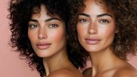 Young multiracial women with natural curly hair and glowing skin pose together against pink background, showcasing natural beauty and authentic expressions.