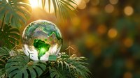 Crystal globe with green earth continents resting on tropical palm leaves with warm golden sunlight and bokeh background for environmental concepts.