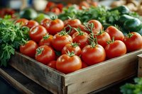 Fresh ripe red tomatoes with green stems in rustic wooden box, surrounded by herbs and vegetables. Close-up view with soft natural lighting.