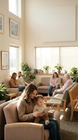 Diverse group of women and children gathering in bright modern living room with natural light, plants and comfortable seating for social connection.