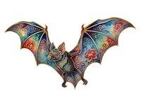 Ornate bat with decorative wings featuring floral patterns and vibrant colors in gold, blue, red, and teal. Isolated on white background, ready for design projects, merchandise, and digital applications.