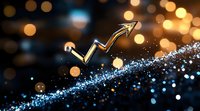 Glowing golden arrow moves upward on sparkling blue path against dark background with bokeh lights, representing growth and success in business presentations.
