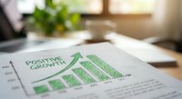 Business growth chart with green upward arrow showing positive financial performance on desk with documents and plant in bright office environment.