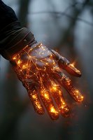 Glowing magical hand with golden light particles and sparks emerging through cracked crystal-like surface against dark forest background, mystical energy concept.