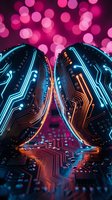 Glowing neon circuit board patterns in cyan and orange form symmetrical electronic components against vibrant magenta bokeh background, representing technology and digital innovation.