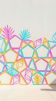 Colorful geometric wall mural with tropical palm leaves in pink, turquoise and yellow outline style on beige background for modern interior design.