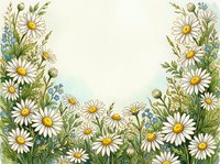 Watercolor floral border with white daisies and blue wildflowers on light background, copy space for text, spring nature botanical art.