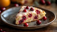 Homemade cranberry cake slice with cream cheese frosting and fresh berries on rustic ceramic plate, close up view of moist dessert on wooden table.
