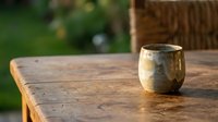 Golden metal cup sitting on rustic wooden table outdoors with blurred garden background, perfect for beverage, lifestyle, and home decor designs.