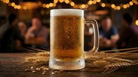 Fresh golden beer mug with foam on rustic wooden table with wheat stalks and warm bokeh lights creating cozy pub atmosphere for oktoberfest celebration.