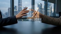 Business professionals analyzing holographic financial growth chart with upward trending arrow in modern office overlooking city skyline at dusk.
