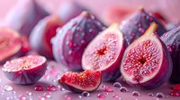 Fresh ripe figs cut in half showing juicy pink flesh with water drops on pink background, macro food photography for healthy eating and recipe blogs.