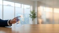Businessman hand touching digital holographic interface with technology icons in modern office workspace for business innovation and digital transformation.