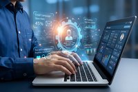 Business professional using laptop with digital marketing analytics interface displaying email campaign metrics and social engagement data for modern workplace technology.