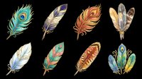 Colorful decorative feathers set, isolated on transparent background, ready for stickers, t-shirt design, print on demand, clipart, and sublimation projects.