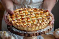 Homemade lattice apple pie with golden brown woven crust on rustic wooden stand, perfect for food blogs, restaurant menus and cooking websites.