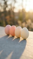Four fresh eggs in gradient colors from brown to white arranged on wooden surface with warm golden sunlight and bokeh background for cooking concepts.