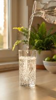 Water pouring from pitcher into glass with bubbles and splashes, potted plants and window in background, hydration and wellness concept for beverage and lifestyle use.