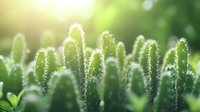 Macro shot of green cactus spines in soft morning light creating dreamy bokeh effect. Spiky desert plants with delicate thorns against blurred natural background.