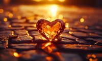 Glowing amber heart crystal on wet surface reflecting golden sunset light, creating romantic bokeh effect with water droplets and warm atmospheric glow.