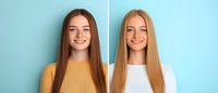 Young woman with long straight hair shown before and after hair color transformation from brunette to blonde against blue background, smiling naturally.