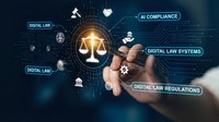 Professional hand touching digital justice scales interface with AI compliance and legal technology icons on dark futuristic background.