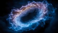 Swirling cosmic nebula with vibrant blue and orange energy waves forming an elliptical shape against dark space background, creating dramatic celestial atmosphere.