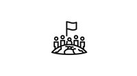 Minimalist line art icon showing group of people gathered around globe with flag on top, representing global unity and leadership. For business presentations.