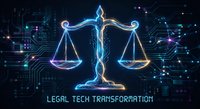 Digital justice scales with glowing circuit patterns representing legal technology transformation and modern law practice innovation.