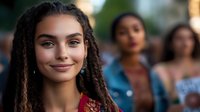 Young woman with dreadlocks and natural makeup smiling warmly at camera, with soft bokeh background and diverse group of friends out of focus behind her.