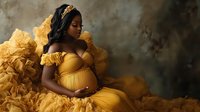 Pregnant African American woman in flowing yellow gown with dramatic ruffles posing for maternity portrait session against textured backdrop.