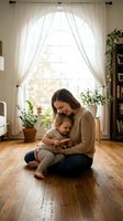 Loving mother and toddler daughter sharing tender moment reading book together on wooden floor in cozy sunlit living room with plants and white curtains.