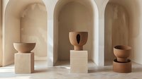 Modern ceramic vessels displayed in minimalist arched alcoves, featuring organic shapes and earthy tones on geometric pedestals against neutral backdrop.