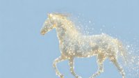 Magical golden horse silhouette with sparkling glitter particles against light blue background, creating ethereal fantasy effect for greeting cards and decorative designs.