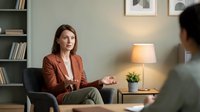 Professional Caucasian businesswoman in orange blazer conducting meeting in modern office with colleague, corporate consultation and workplace discussion.