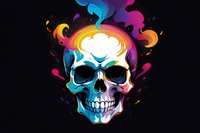 Colorful skull with vibrant rainbow smoke effect on black background, featuring neon blue, pink, and yellow swirling patterns creating dynamic artistic composition.